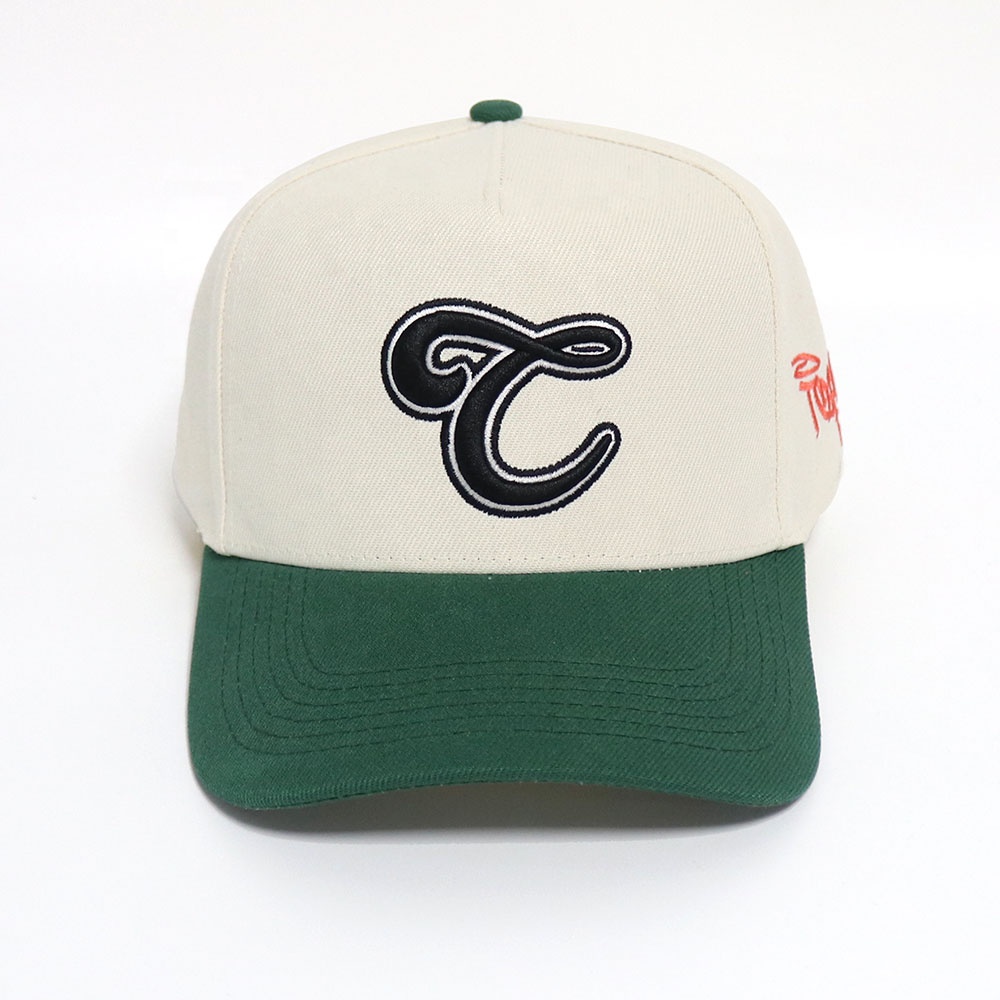 Two Tone Cotton Twill Baseball Cap with Raised Letter Embroidery 5 Panel Hat