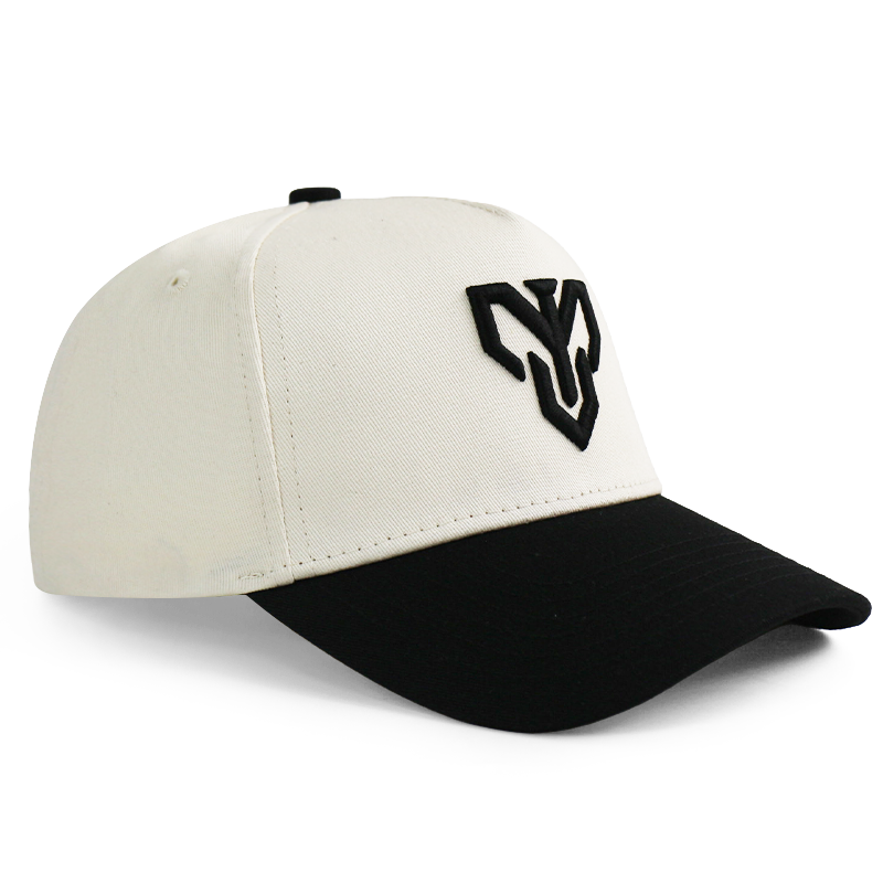 Ivory and Black Cotton Twill Baseball Cap with Raised Front Logo