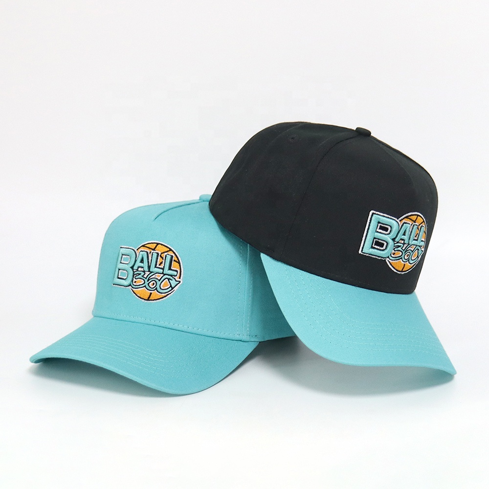 Black and Aqua Two-Tone 5-Panel Baseball Cap with Ball 360 Embroidered Logo