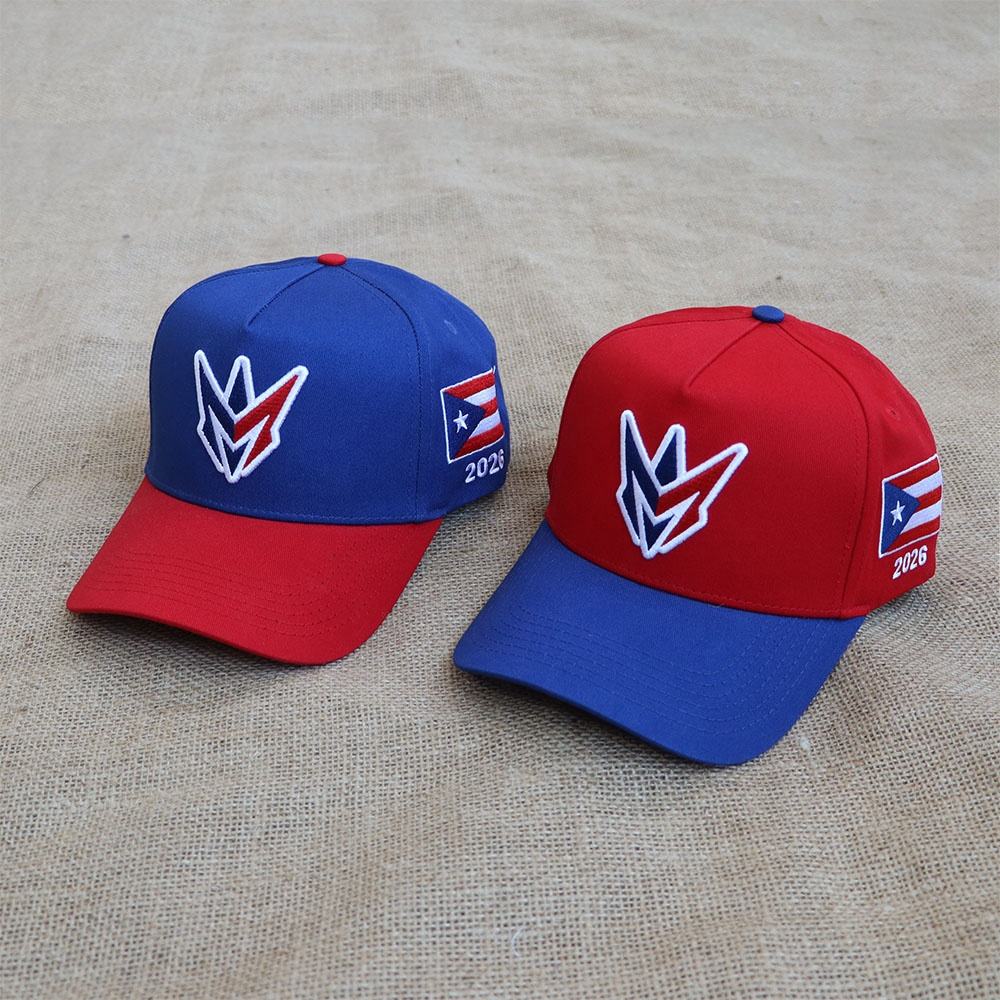 Two-Tone Red and Blue 5-Panel Baseball Cap with Embroidered Front Logo