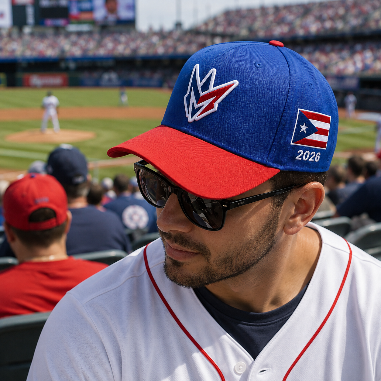 Two-Tone Red and Blue 5-Panel Baseball Cap with Embroidered Front Logo