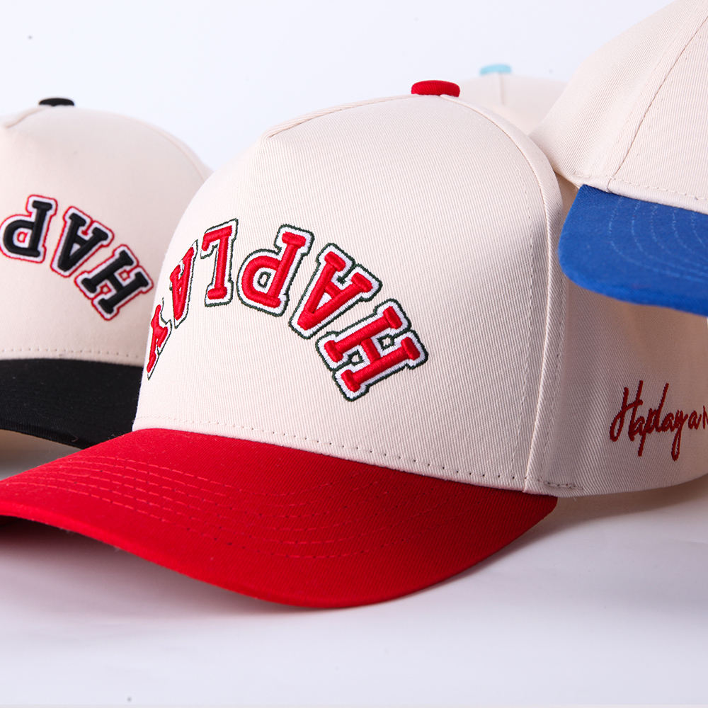 Two-Tone Embroidered HAPPY 5-Panel Cotton Baseball Cap