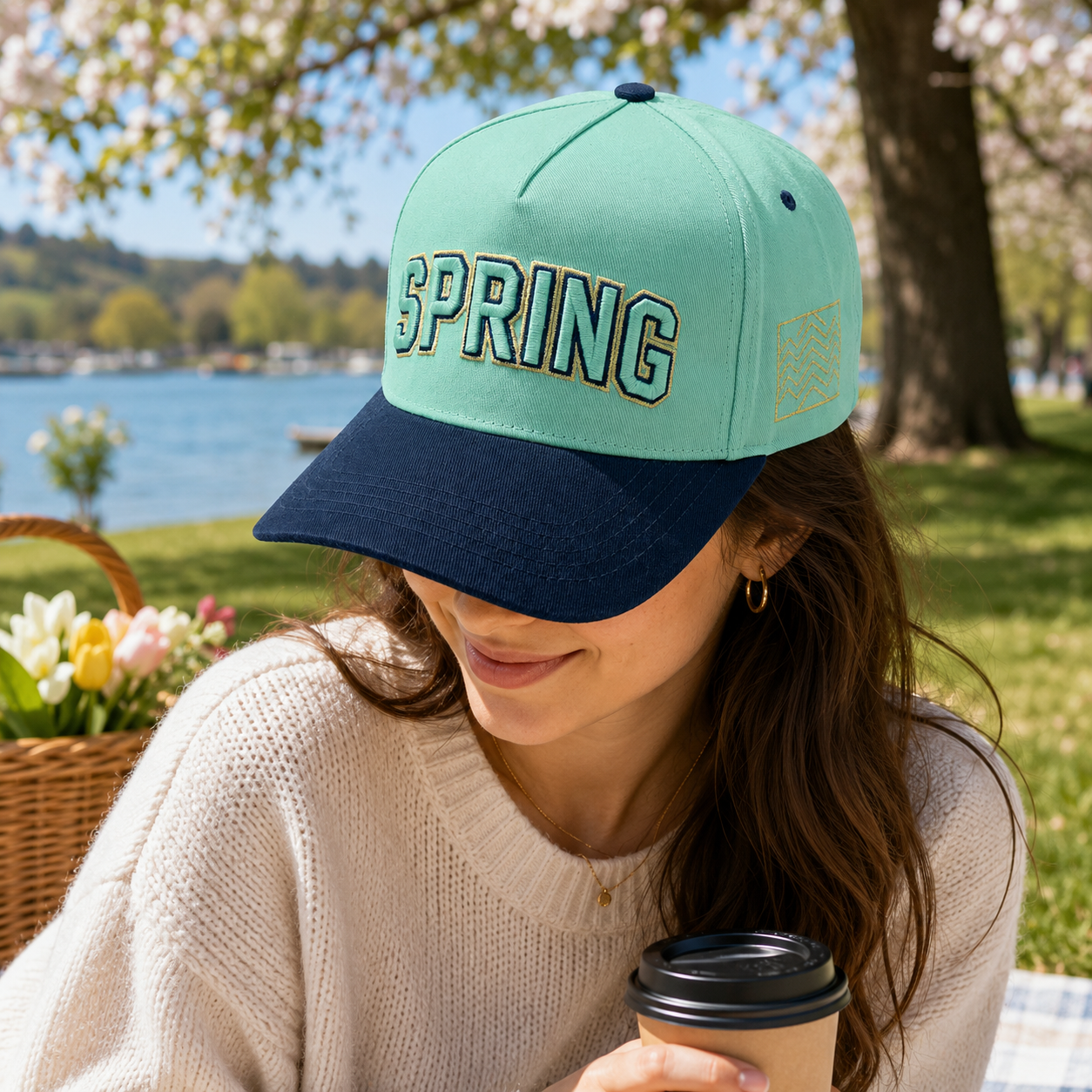 Mint Green and Navy Five-Panel Cotton Twill Cap with 3D SPRING Embroidery