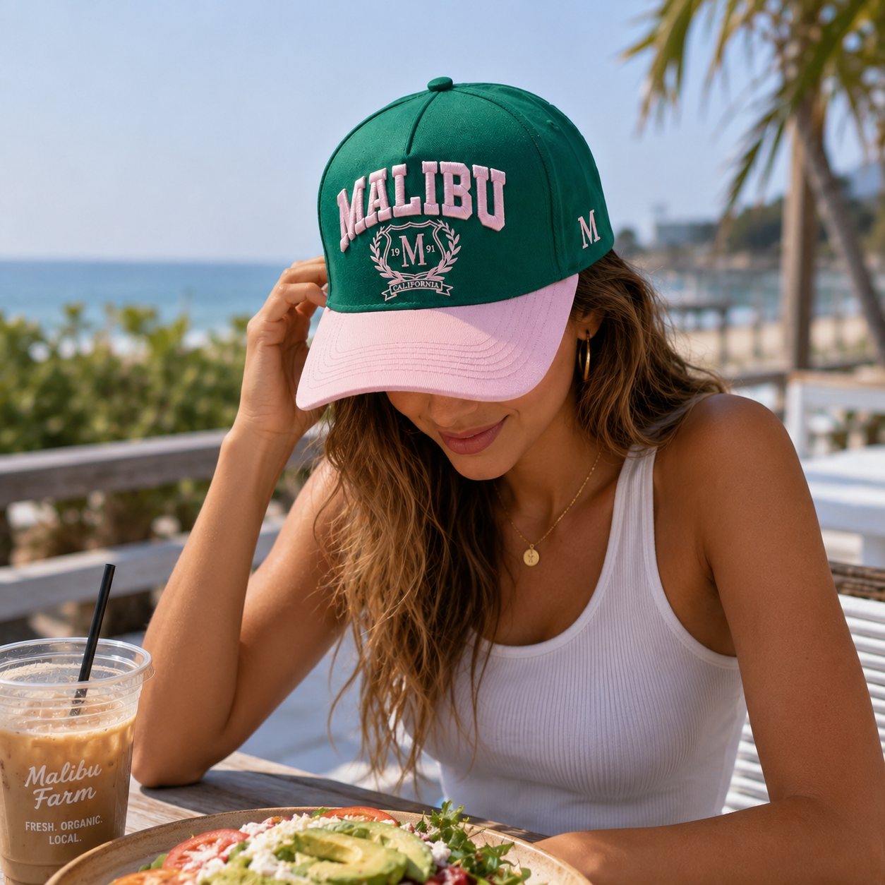 Emerald Green and Blush Pink Malibu 3D Embroidered Five-Panel Baseball Cap
