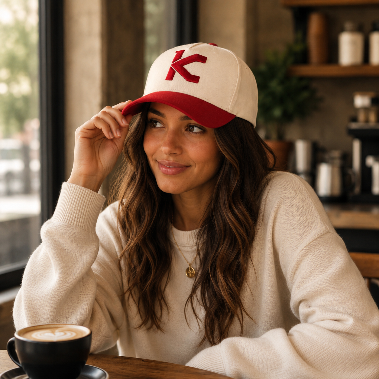 Cream and Red Two-Tone 5-Panel Cotton Twill Baseball Cap with 3D Embroidered Logo