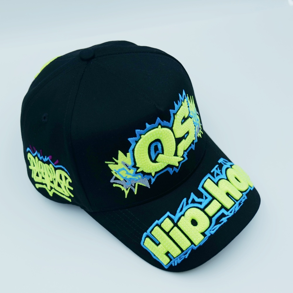 Black Graffiti Five-Panel Cap with Neon Puff Embroidery