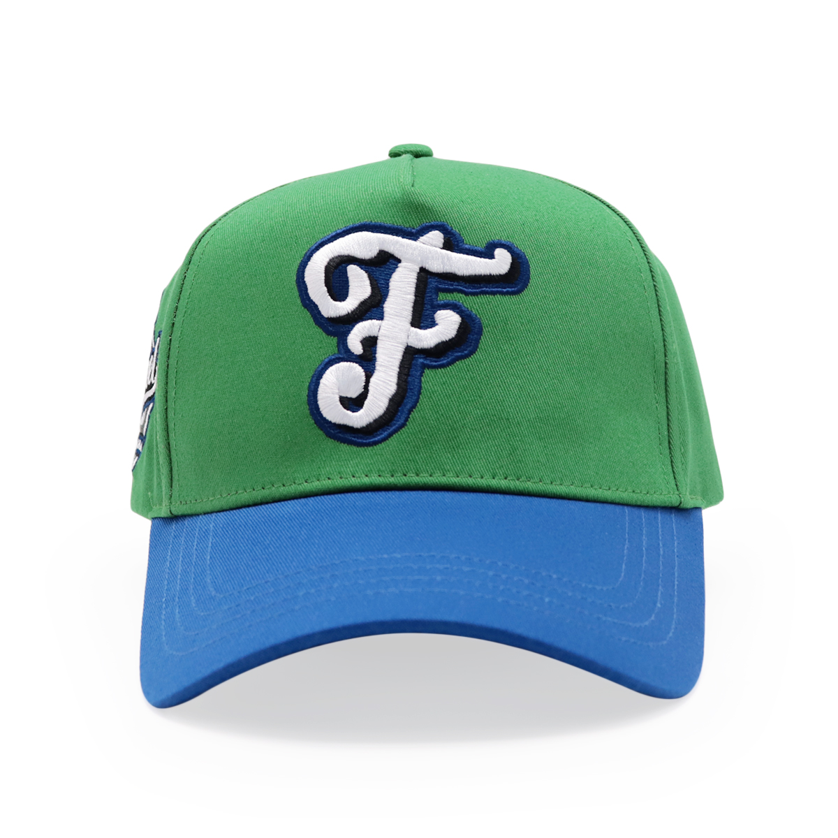 Green and Blue Five-Panel Baseball Cap with Raised Letter Embroidery