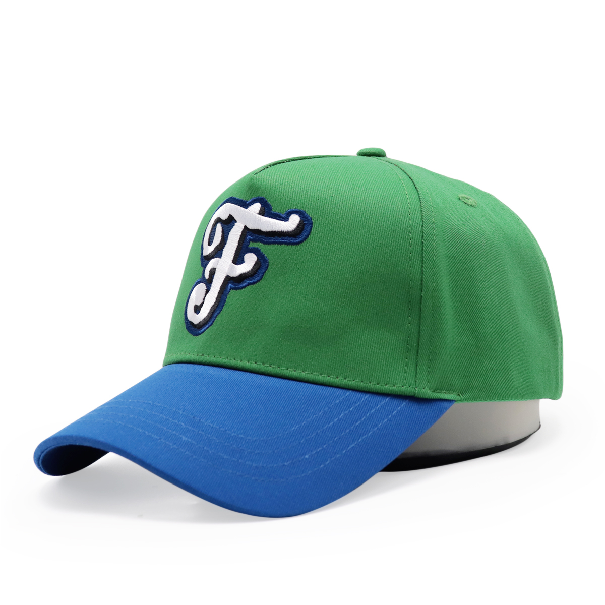 Green and Blue Five-Panel Baseball Cap with Raised Letter Embroidery