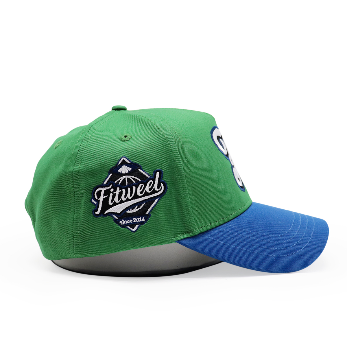 Green and Blue Five-Panel Baseball Cap with Raised Letter Embroidery