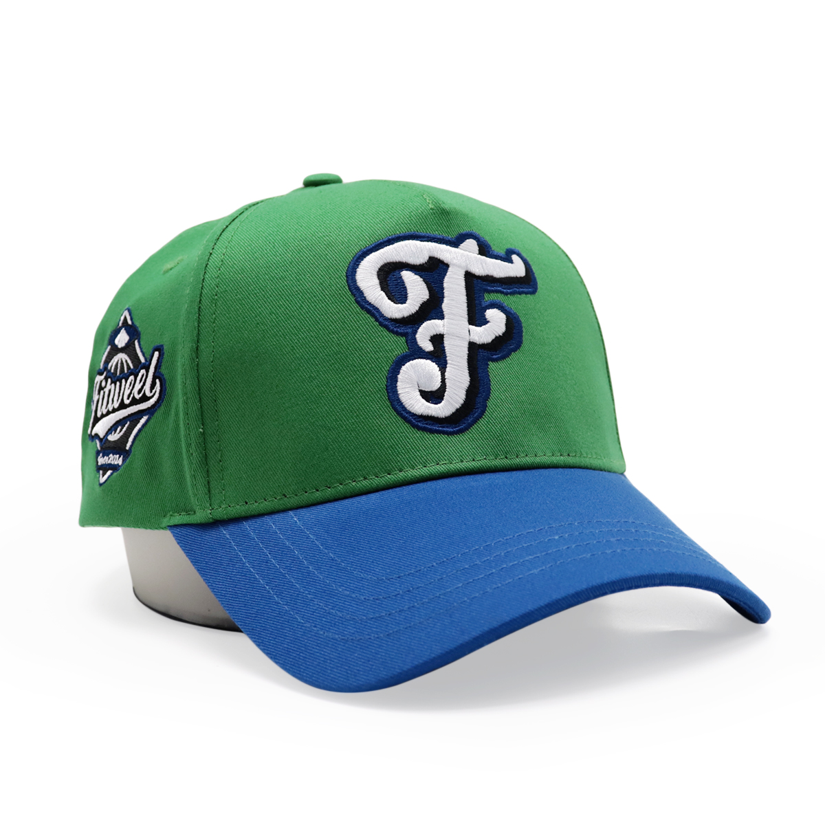 Green and Blue Five-Panel Baseball Cap with Raised Letter Embroidery