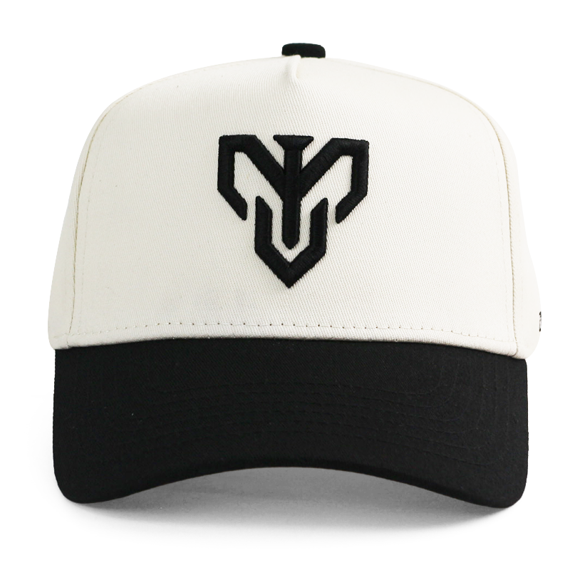 Ivory and Black Cotton Twill Baseball Cap with Raised Front Logo