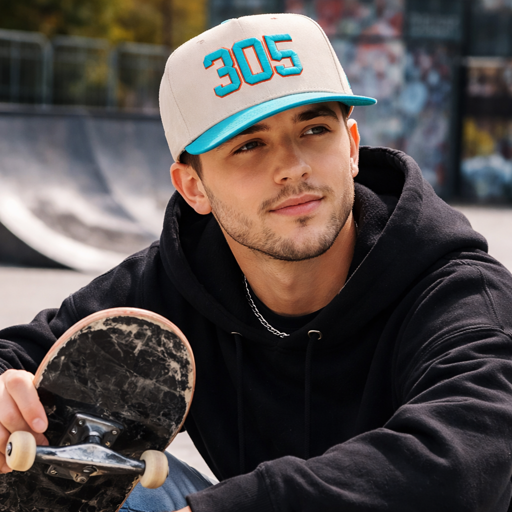 Beige and Teal 305 Embroidered Two Tone Baseball Cap
