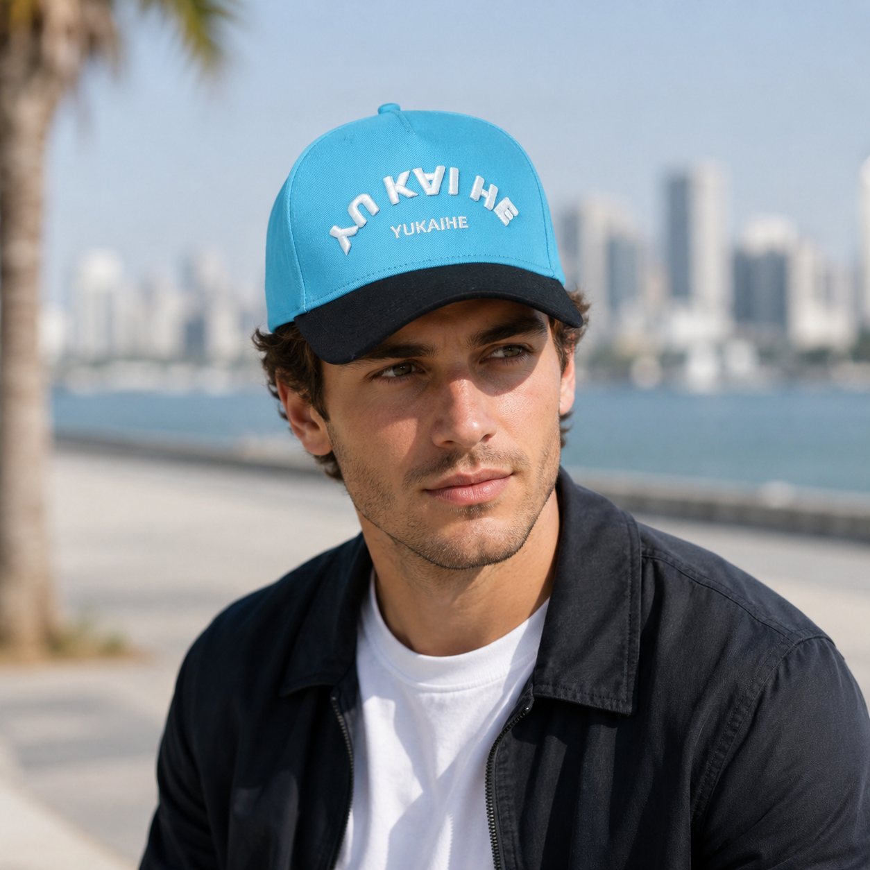Aqua Blue Two-Tone Cotton Twill Baseball Cap with Raised Embroidery