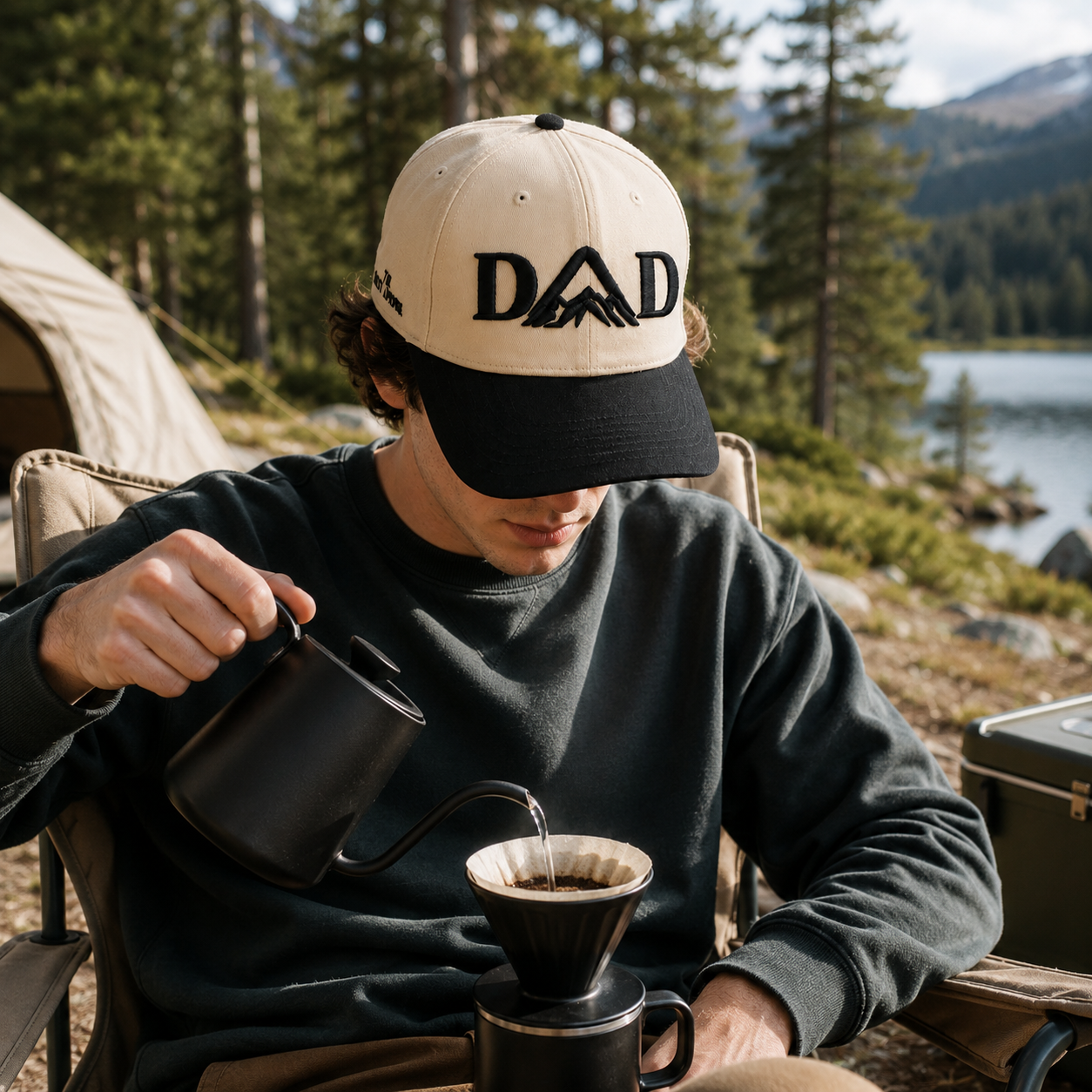 Two-Tone Beige and Black 5 Panel Baseball Cap with 3D Embroidered DAD Logo