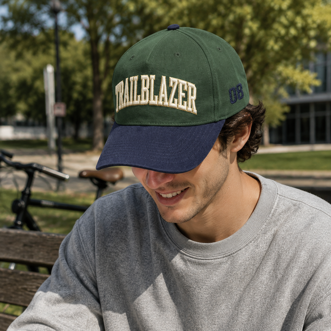 Green Navy TRAILBLAZER Embroidered Baseball Cap – Two-Tone Vintage Streetwear Hat