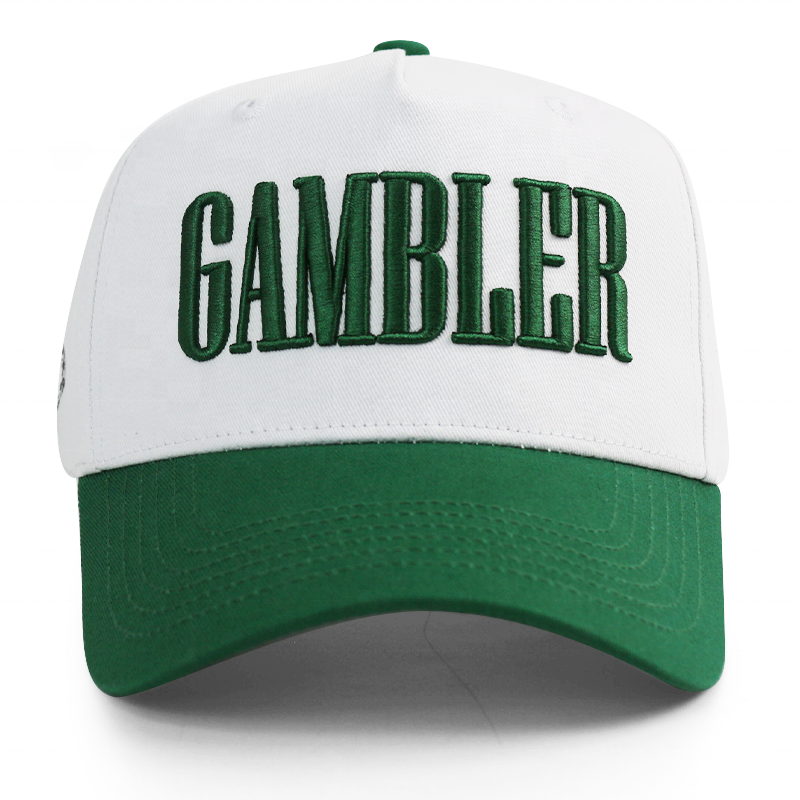 White and Green Two-Tone Baseball Cap with Raised Letter Embroidery