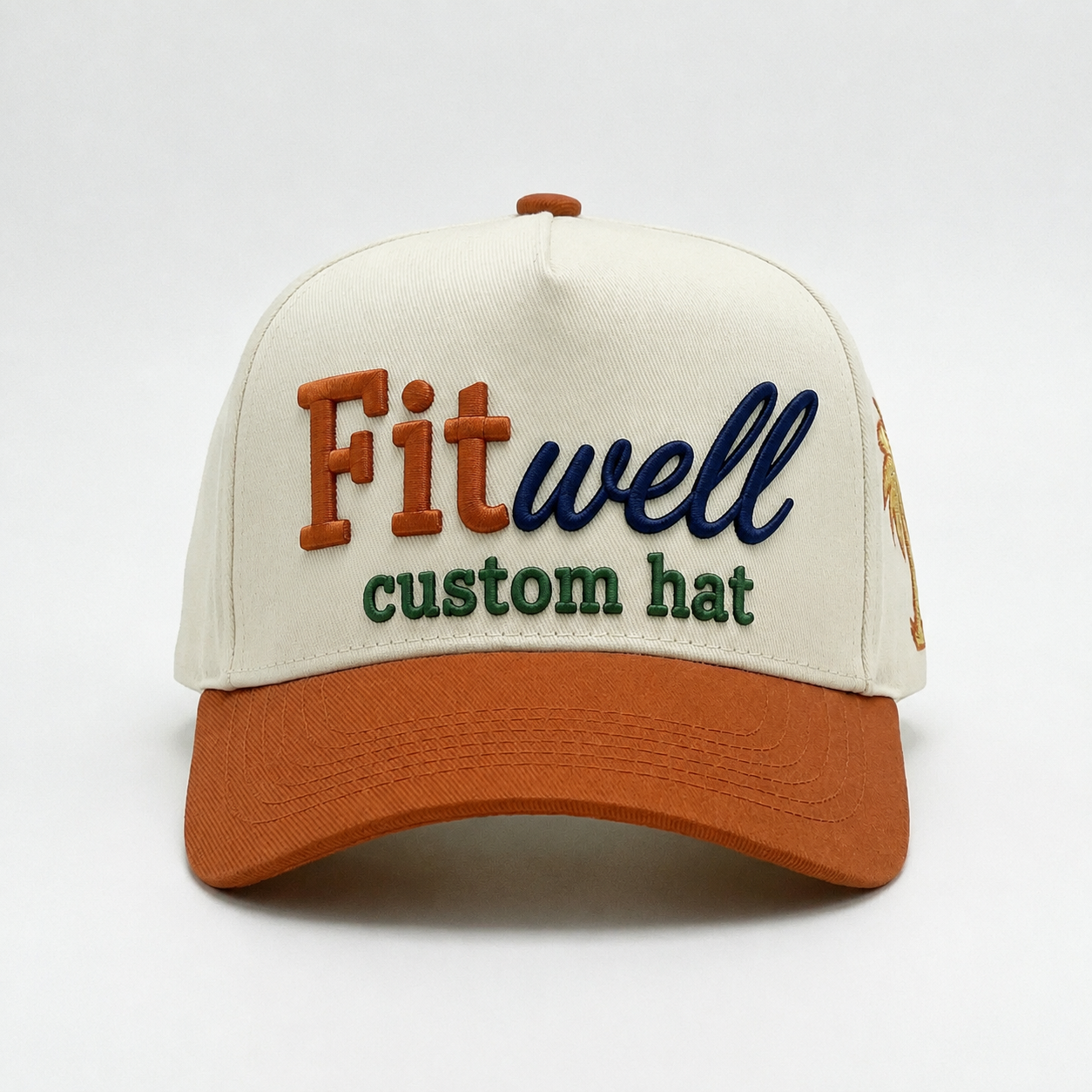 Cream and Rust Five-Panel Twill Cap with Multicolor Puff Slogan Embroidery