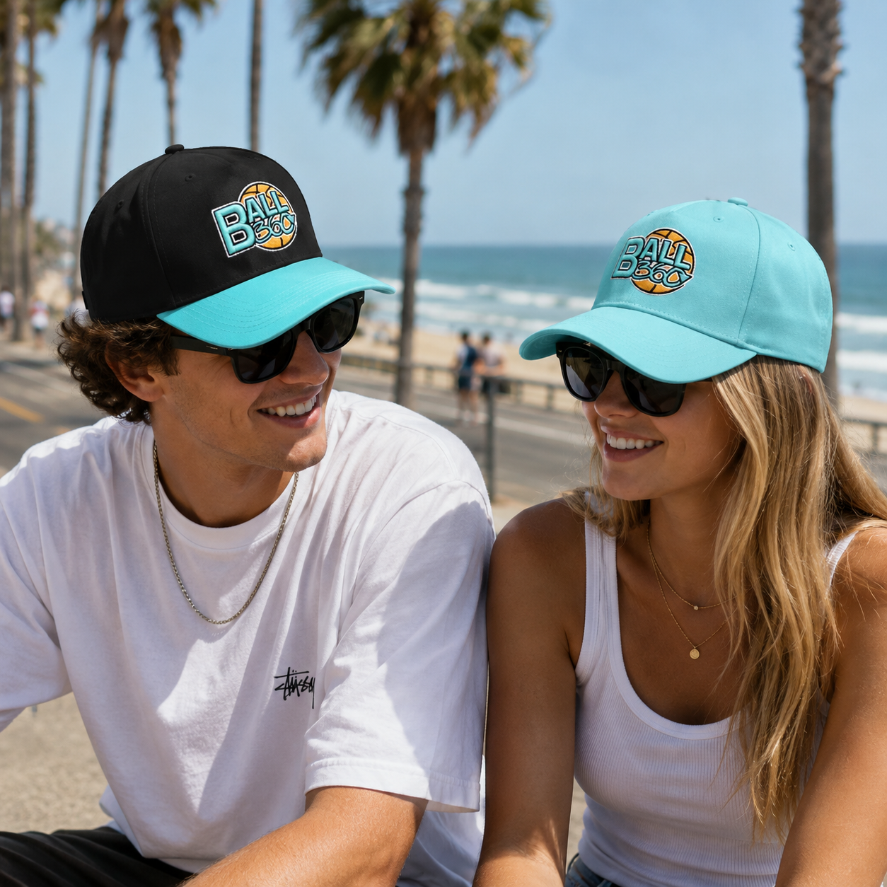 Black and Aqua Two-Tone 5-Panel Baseball Cap with Ball 360 Embroidered Logo