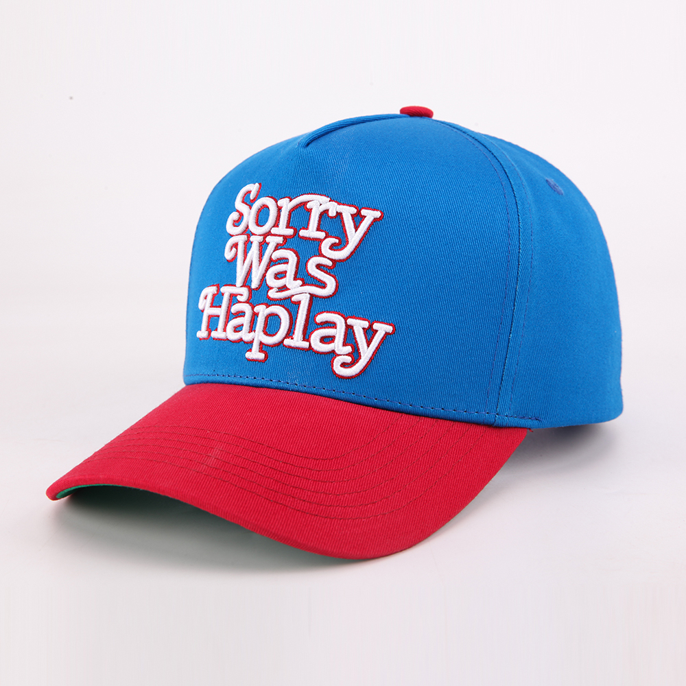 Two-Tone 5-Panel Cotton Twill Baseball Cap with Raised 3D Slogan Embroidery and Curved Contrast Brim