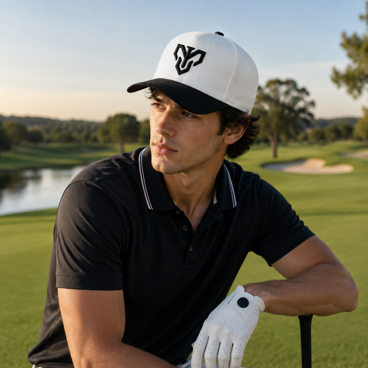 Ivory and Black Cotton Twill Baseball Cap with Raised Front Logo