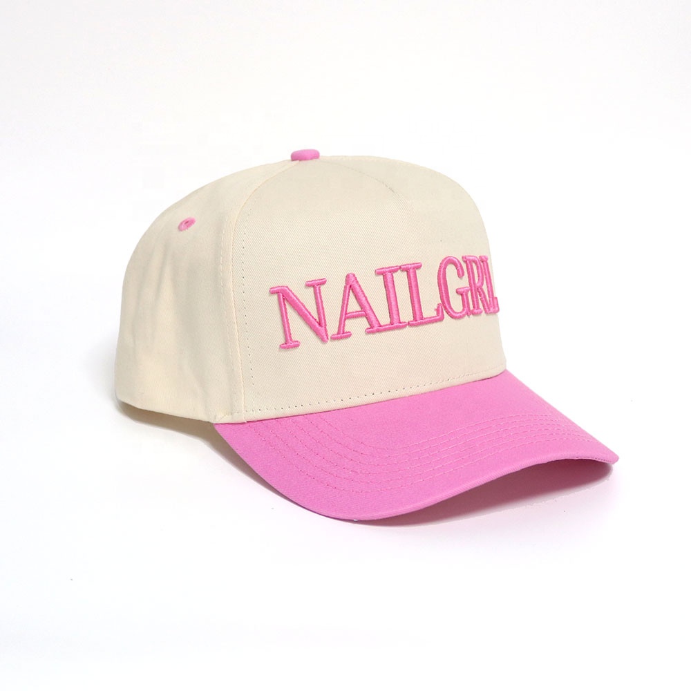 Cream and Pink Two Tone Baseball Cap with Raised Embroidered Letter Design