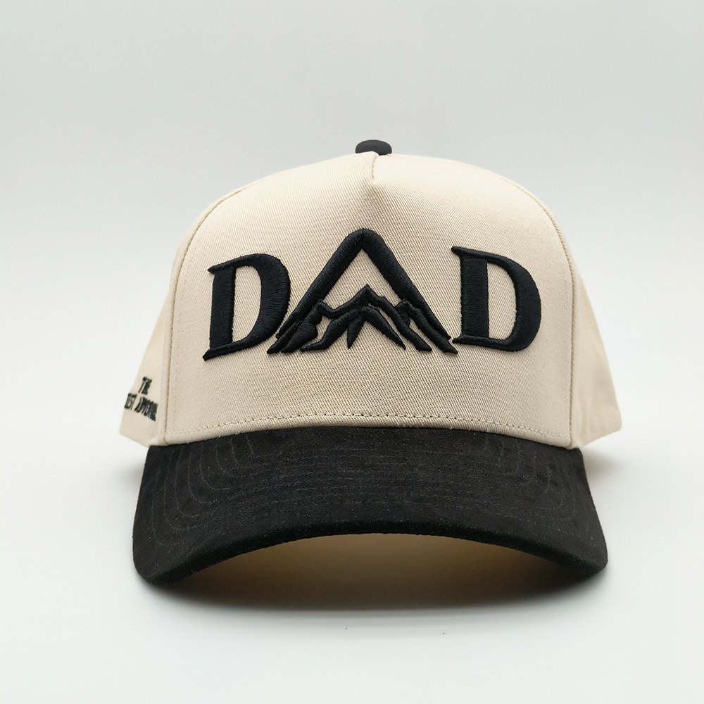Two-Tone Beige and Black 5 Panel Baseball Cap with 3D Embroidered DAD Logo