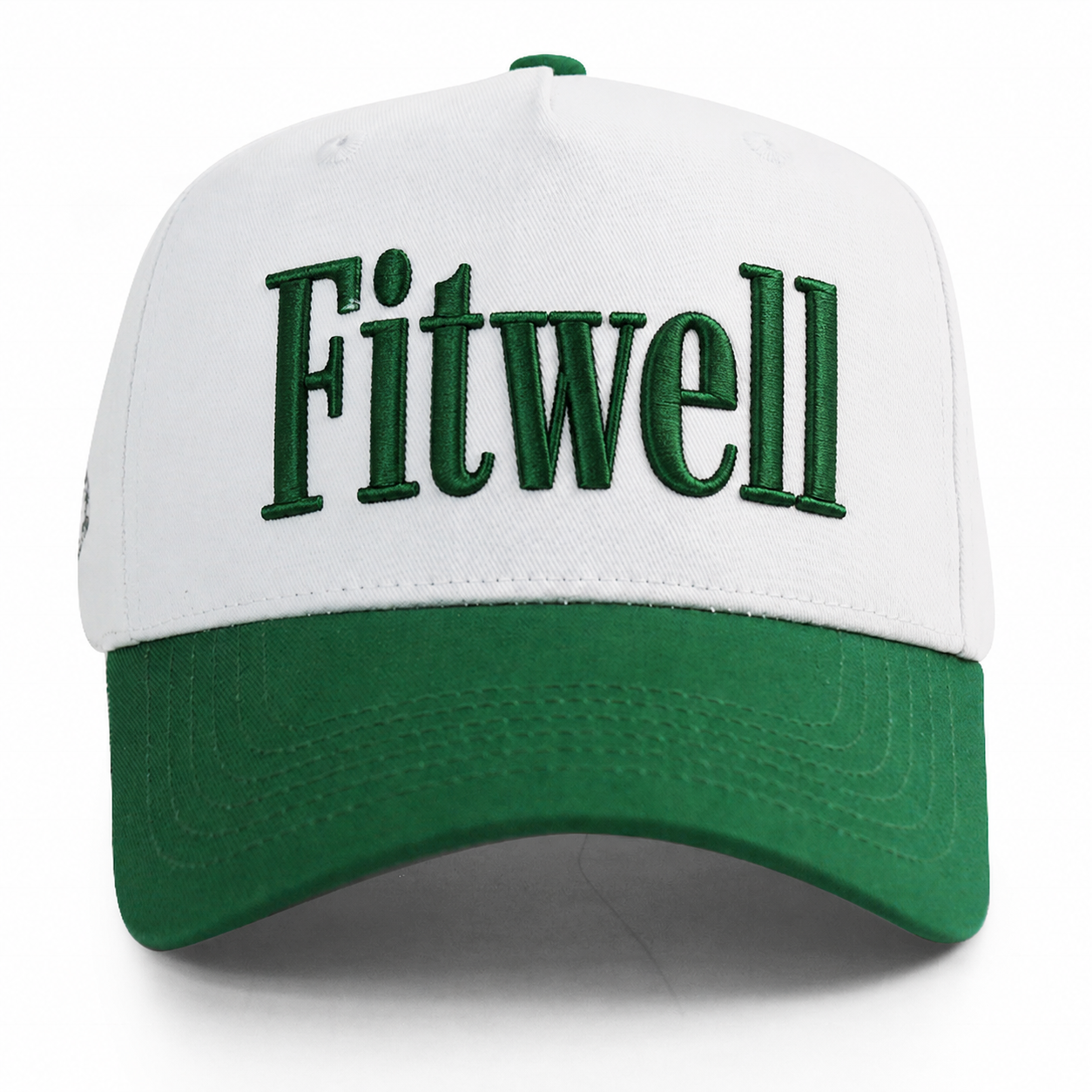 White and Green Two-Tone Baseball Cap with Raised Letter Embroidery