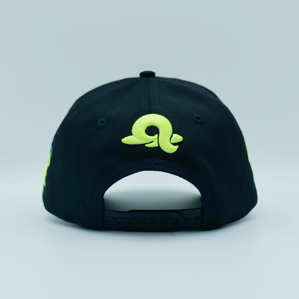 Black Graffiti Five-Panel Cap with Neon Puff Embroidery