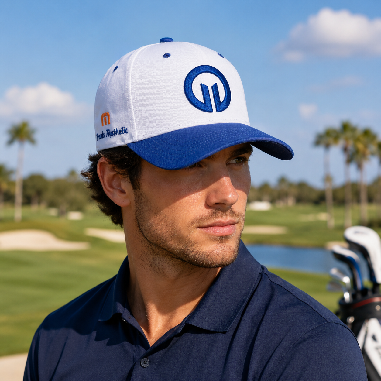 White and Royal Blue Monogram 3D Embroidered 5-Panel Cap