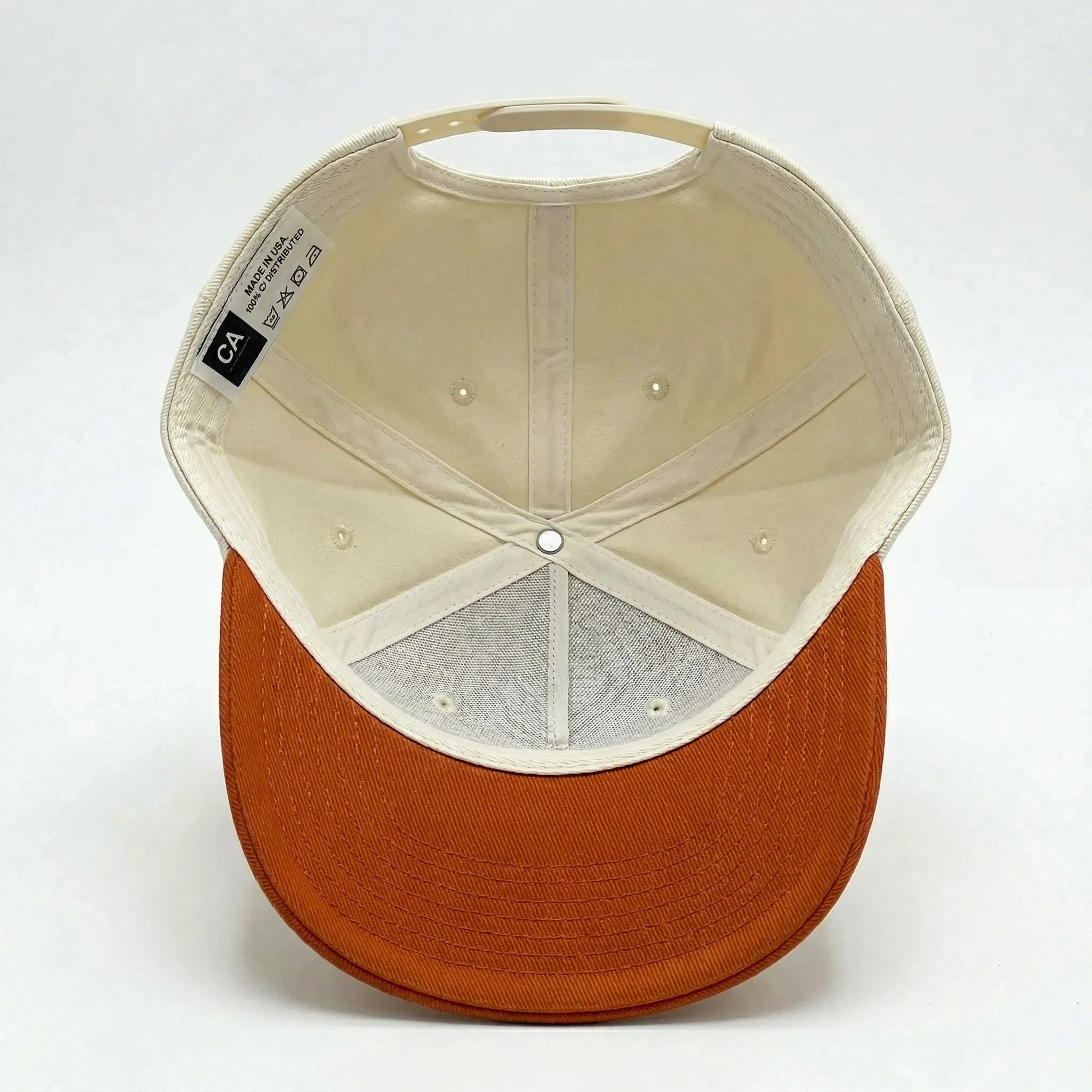 Cream and Rust Five-Panel Twill Cap with Multicolor Puff Slogan Embroidery