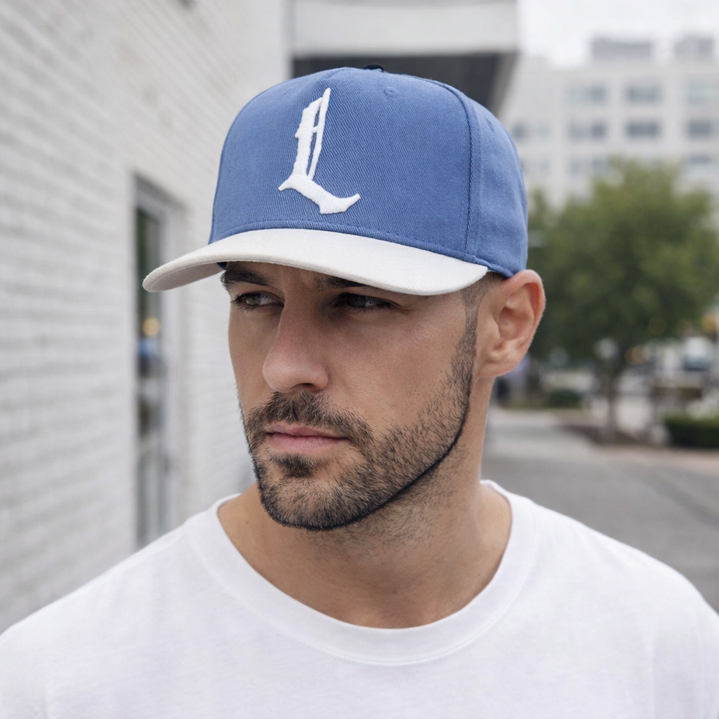 Blue and White Monogram Embroidered Cotton Twill Cap