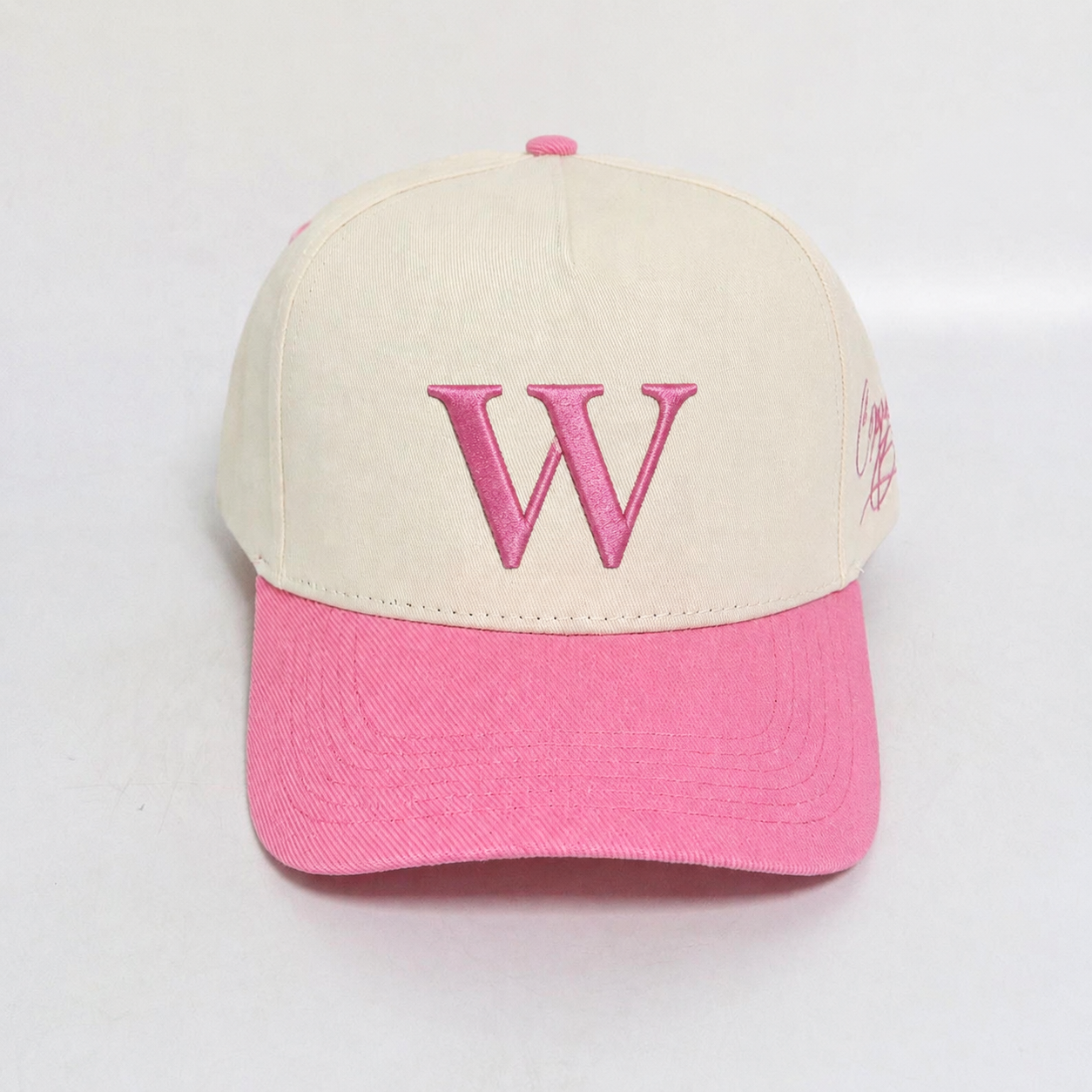 Two-Tone Pink Brim Embroidered Baseball Cap – Cream Crown Streetwear Hat
