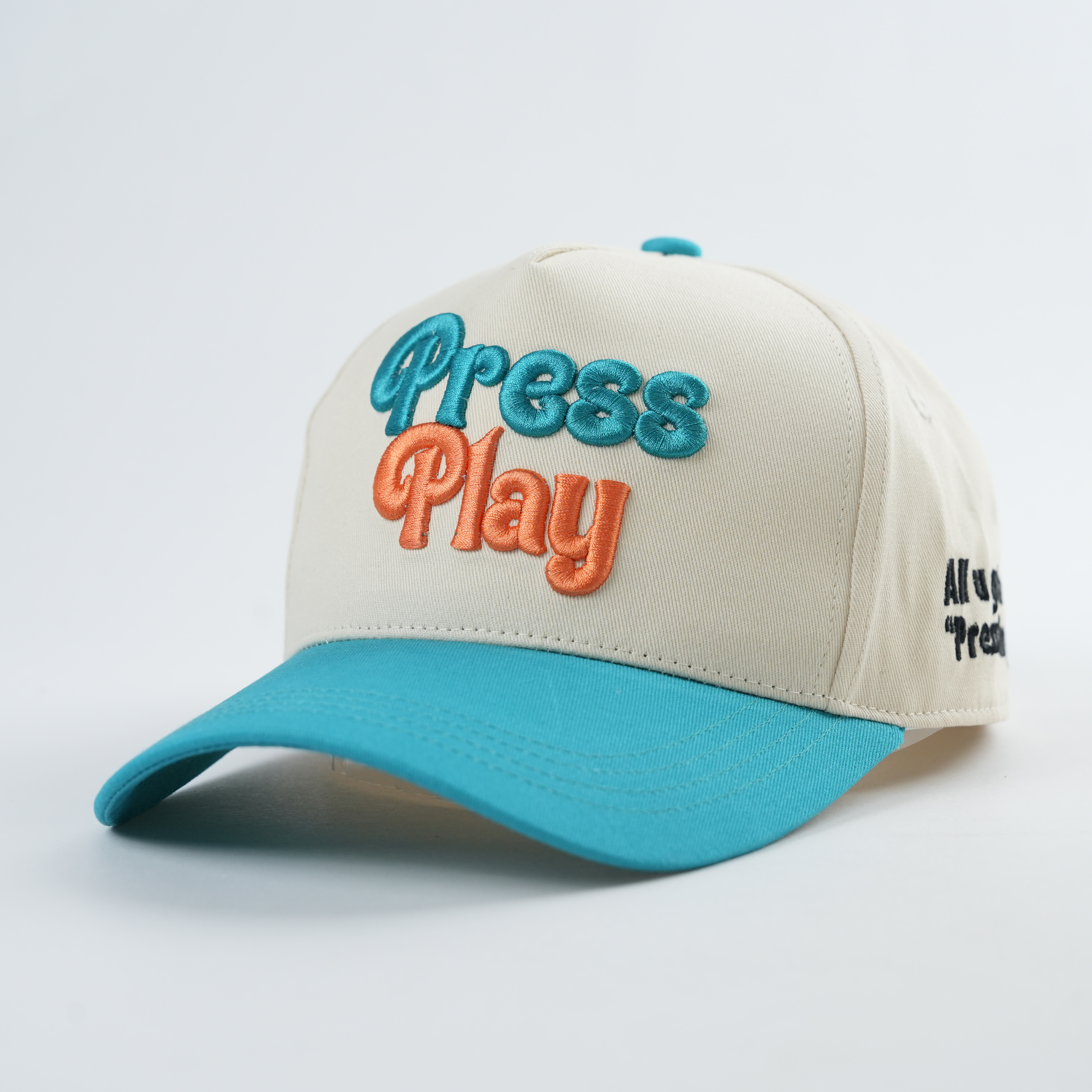 Beige and Turquoise Two-Tone 5-Panel Baseball Caps with Press Play Embroidery
