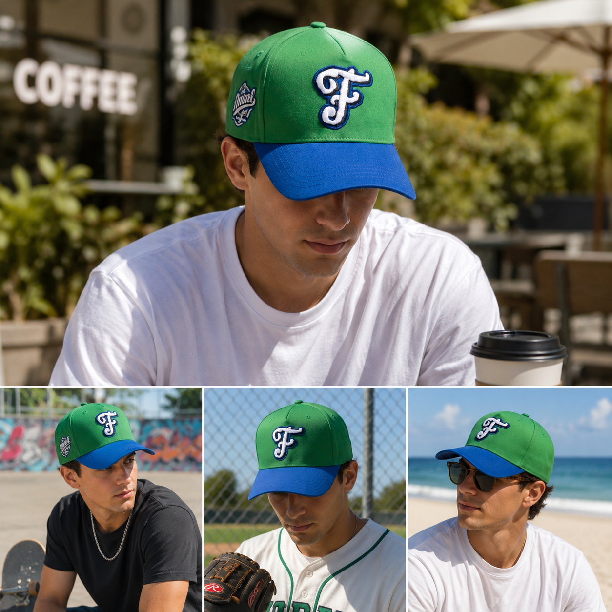 Green and Blue Five-Panel Baseball Cap with Raised Letter Embroidery