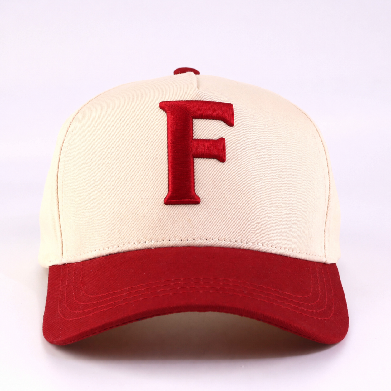 Cream and Red Two-Tone 5-Panel Cotton Twill Baseball Cap with 3D Embroidered Logo
