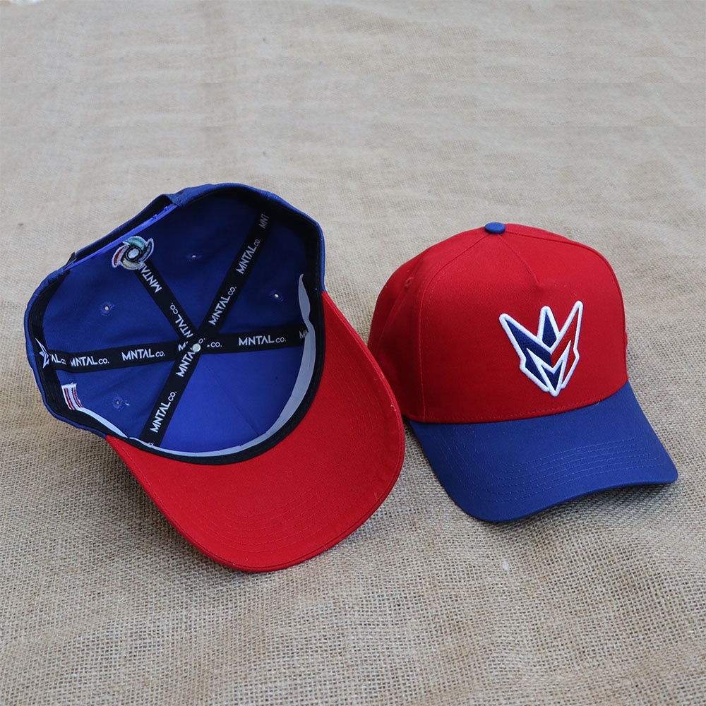 Two-Tone Red and Blue 5-Panel Baseball Cap with Embroidered Front Logo