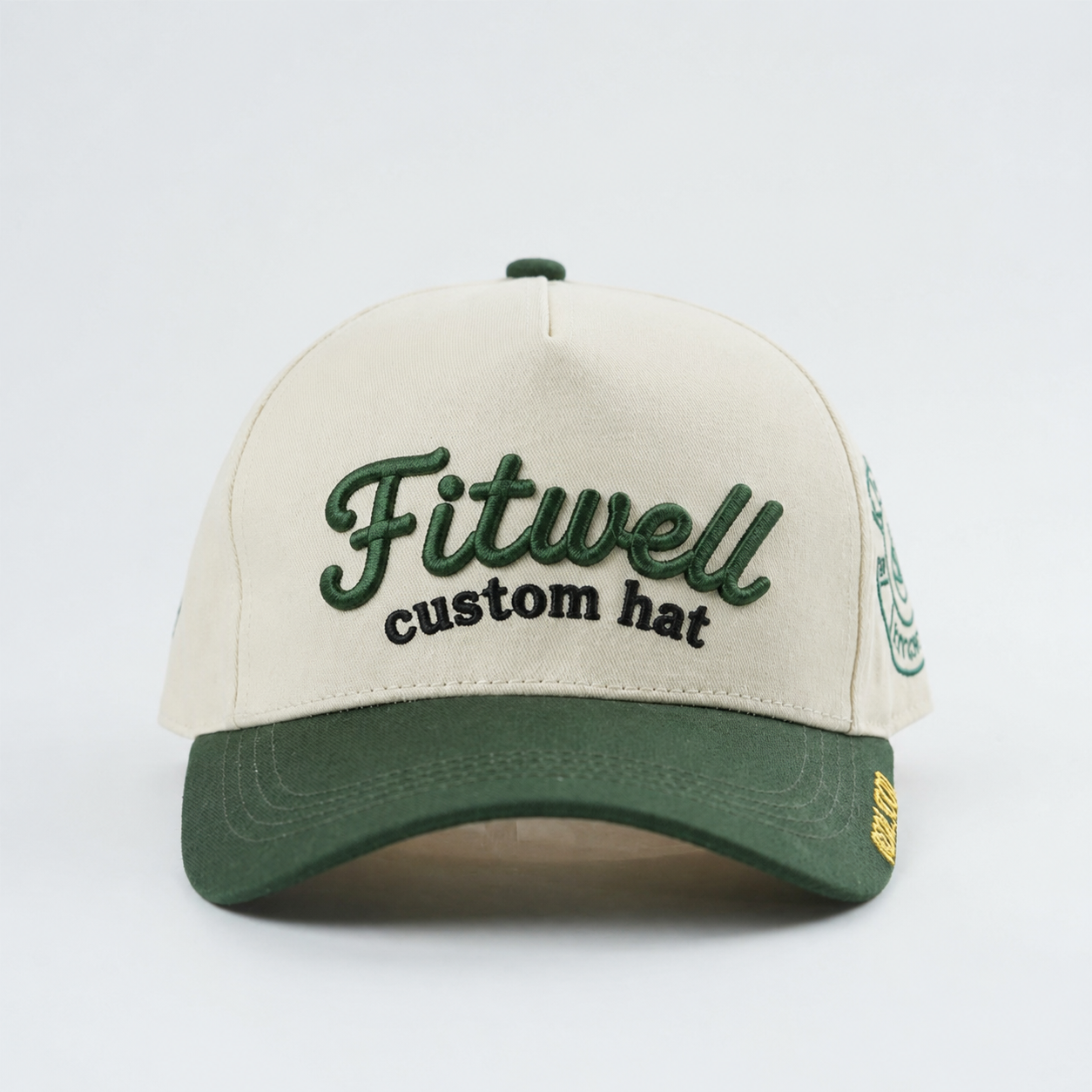 Cream and Forest Green Raised Embroidery Five-Panel Baseball Cap