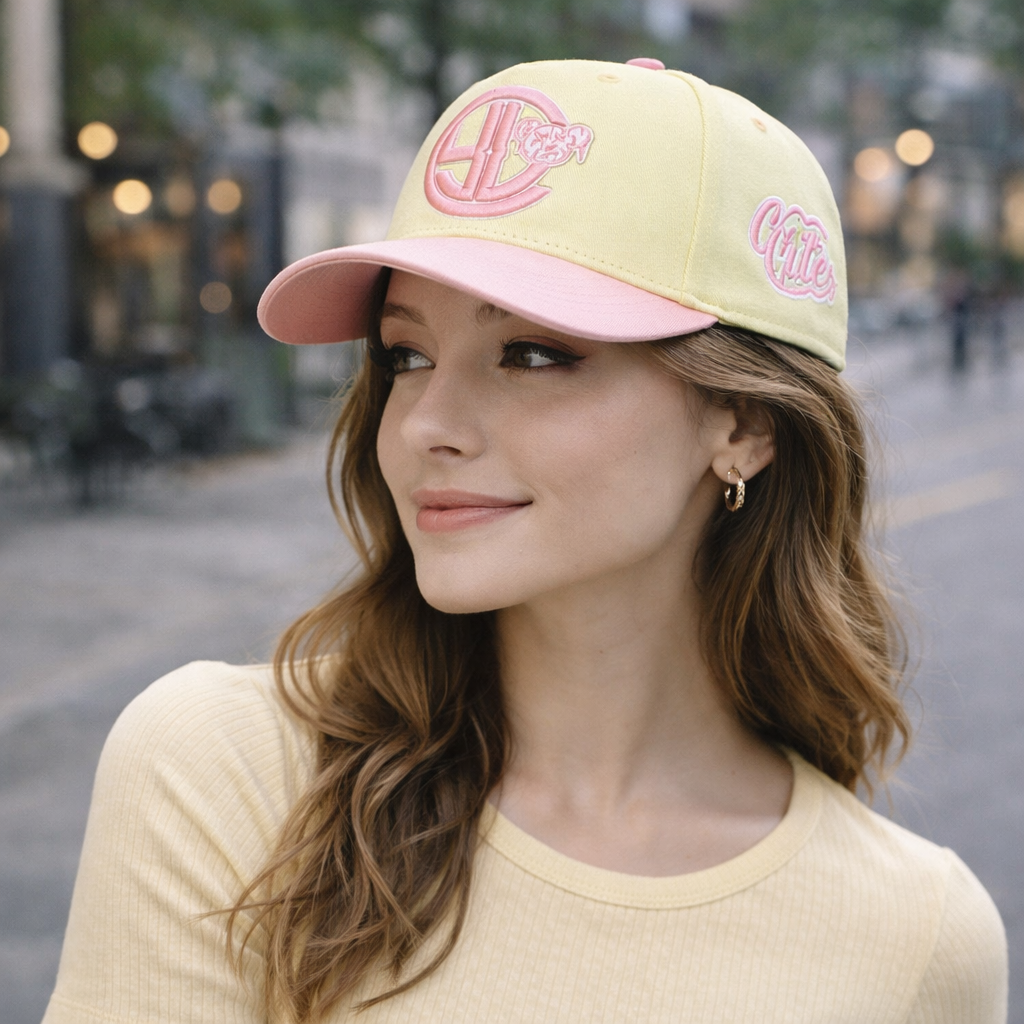 Pastel Yellow and Pink 3D Logo Embroidered Cotton Twill Baseball Cap
