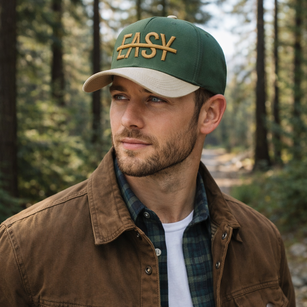Green Beige Two Tone Baseball Cap with Raised EASY Letter Embroidery