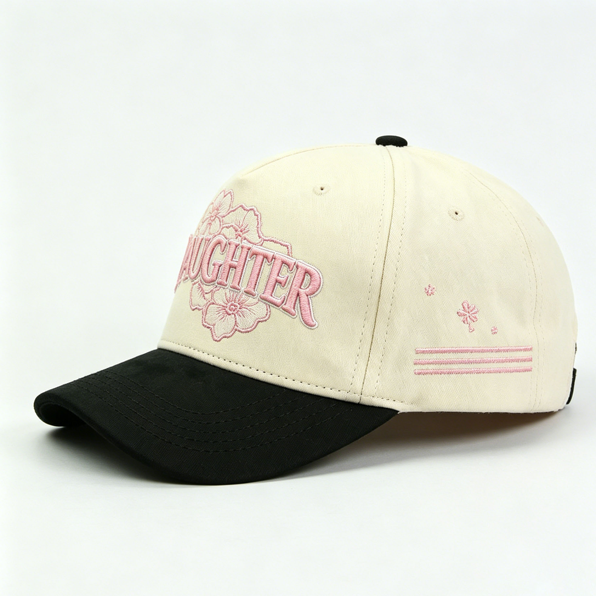 Cream and Black Two-Tone 5-Panel Baseball Cap with Pink Daughter Floral Embroidery