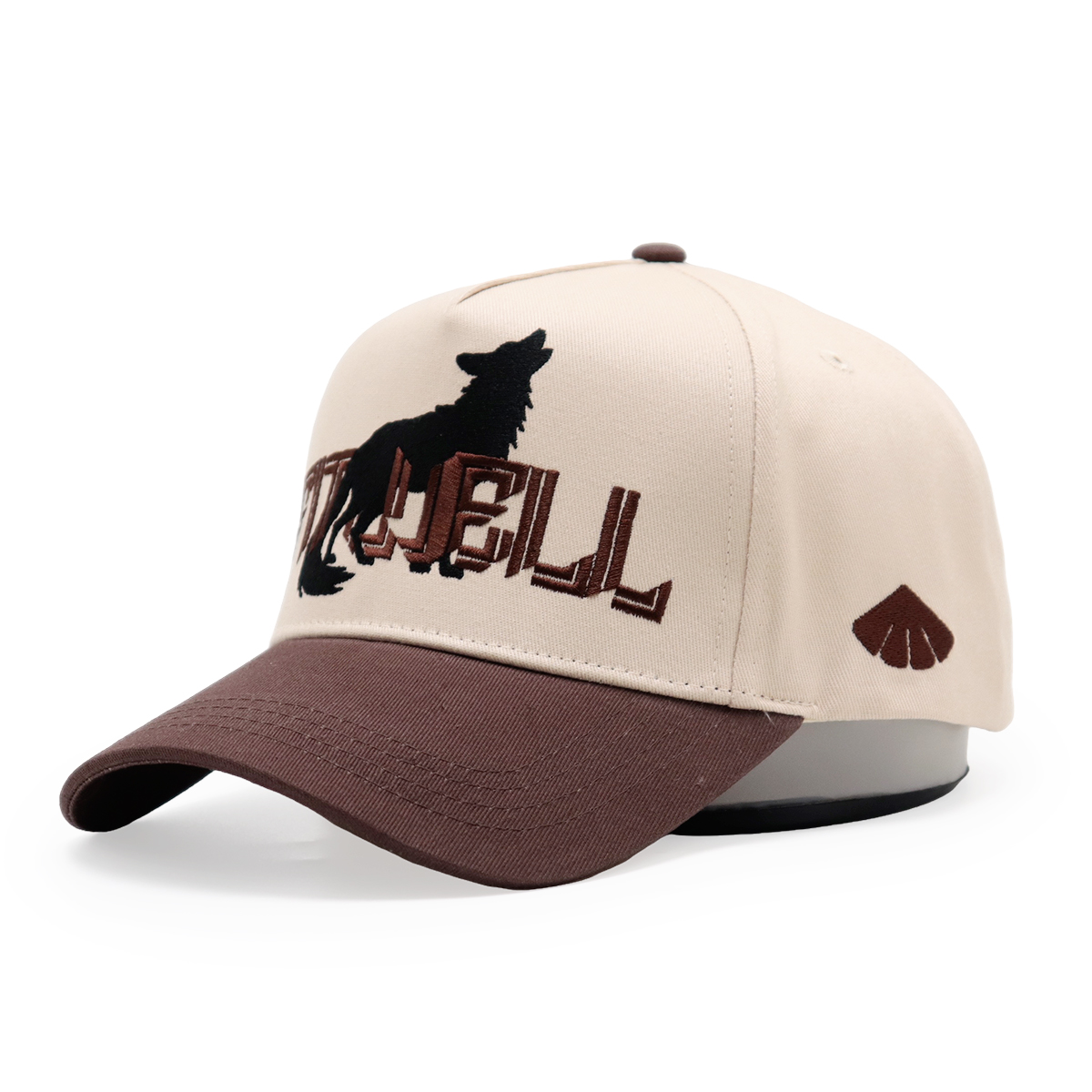 Beige and Brown Wolf Graphic Five-Panel Snapback Cap