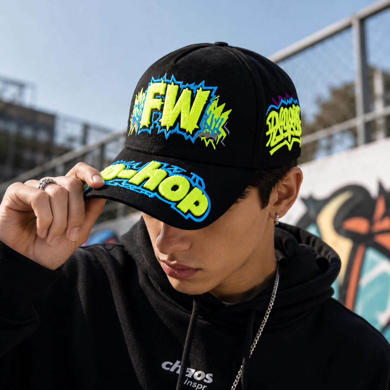 Black Graffiti Five-Panel Cap with Neon Puff Embroidery