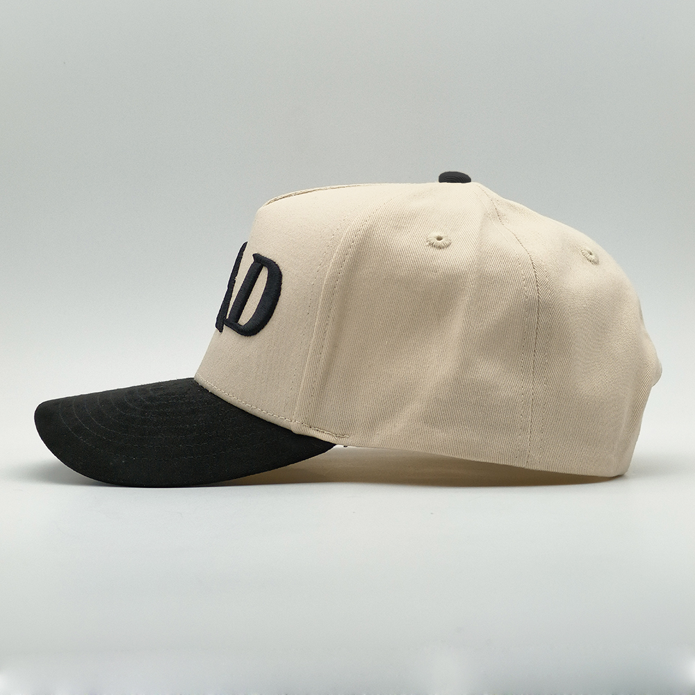Two-Tone Beige and Black 5 Panel Baseball Cap with 3D Embroidered DAD Logo