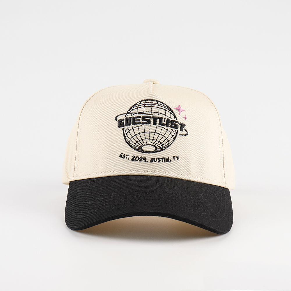 Cream & Black Globe Embroidered Baseball Cap