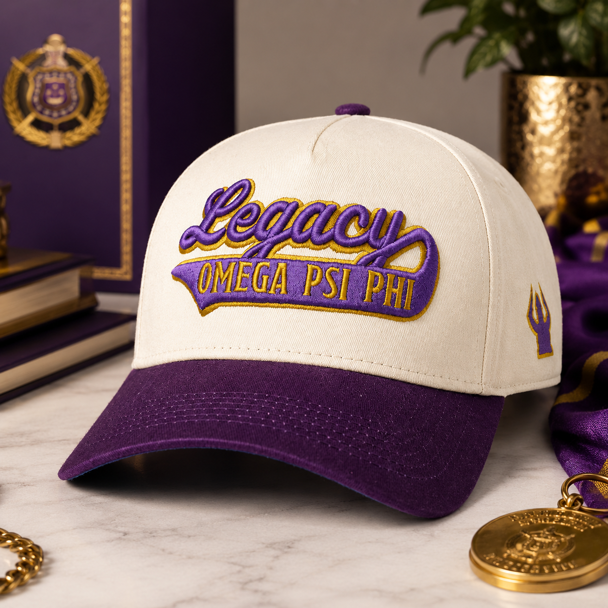 Cream and Purple Legacy Omega Psi Phi Embroidered Baseball Cap