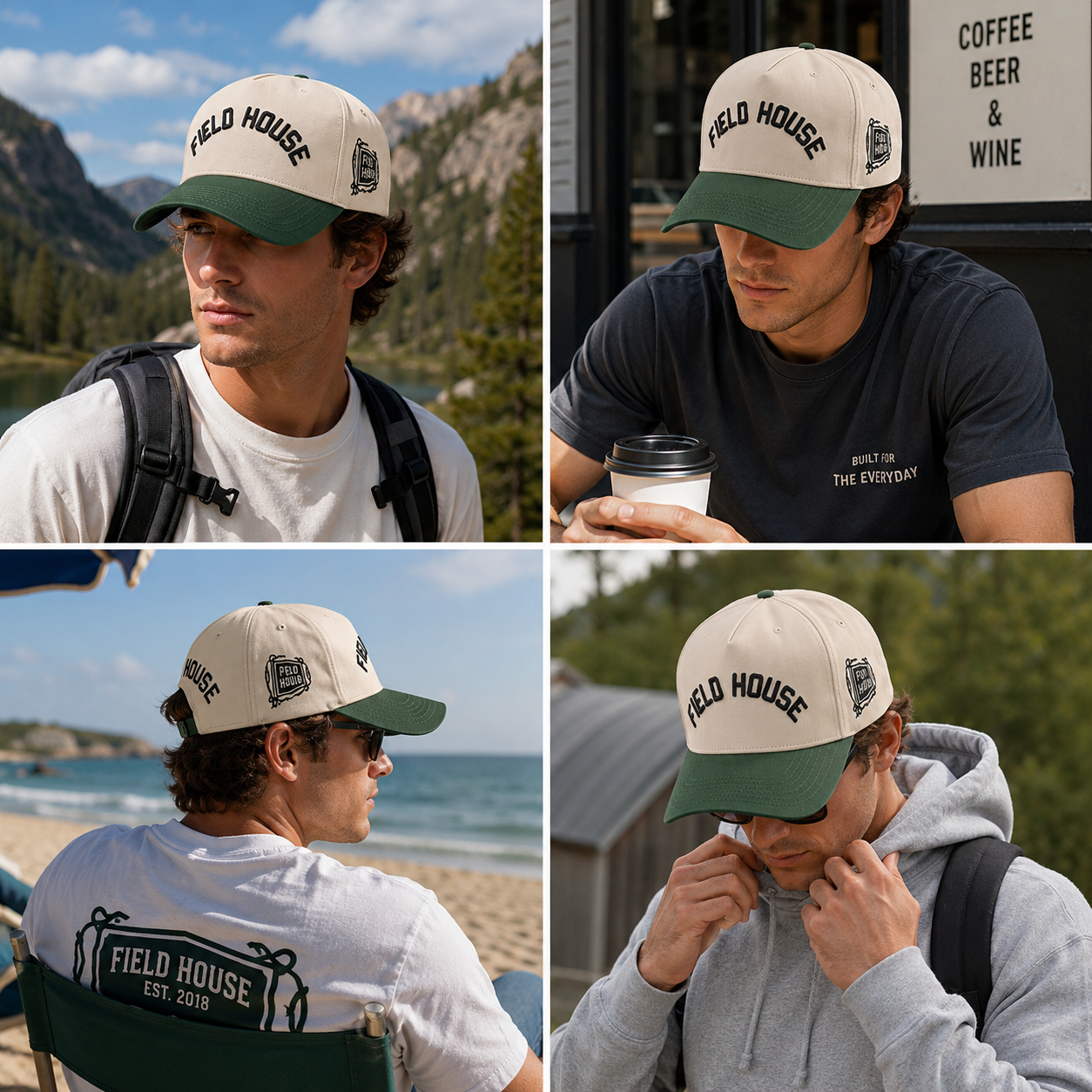 Cream Green FIELD HOUSE 3D Embroidered Curved Brim Baseball Cap