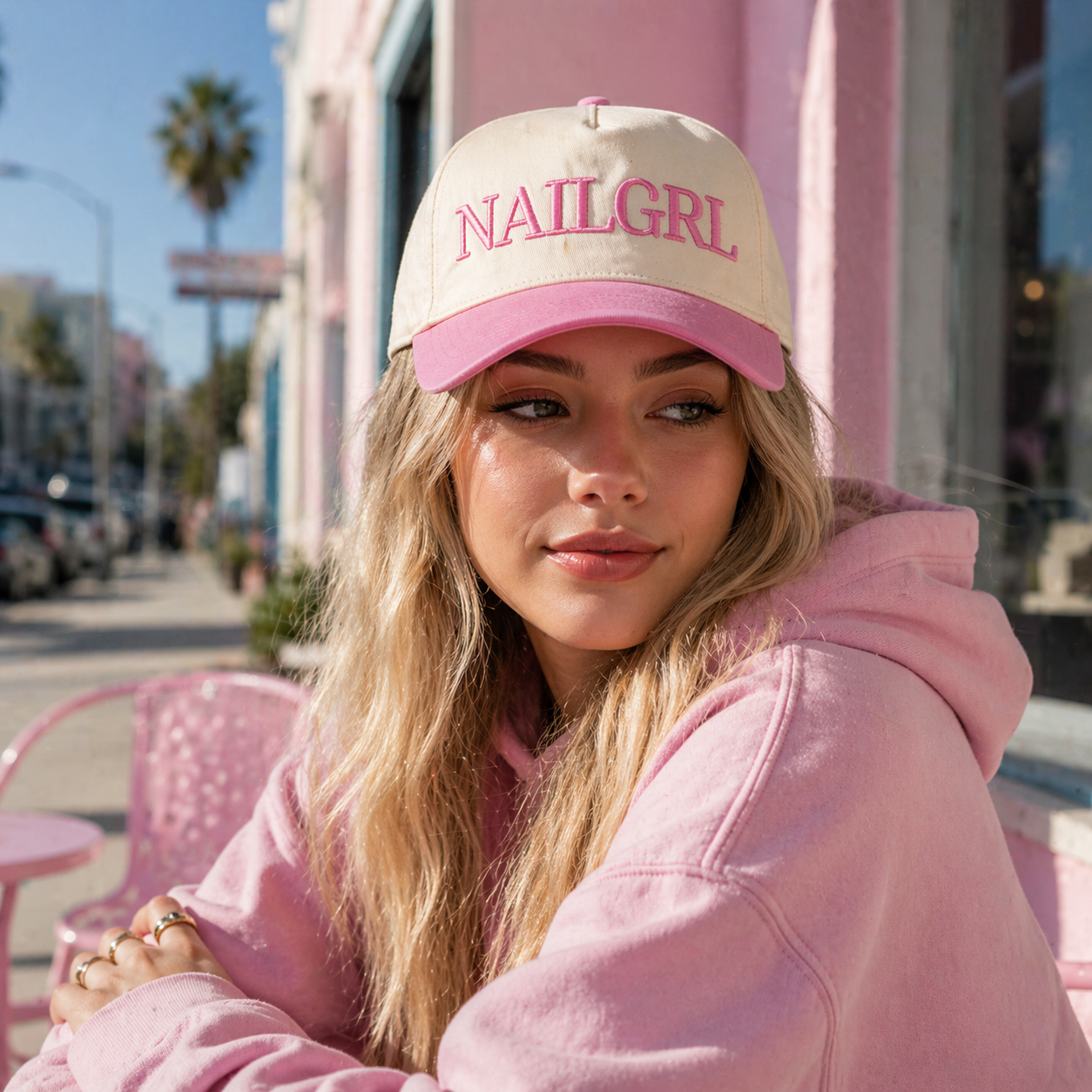 Cream and Pink Two Tone Baseball Cap with Raised Embroidered Letter Design