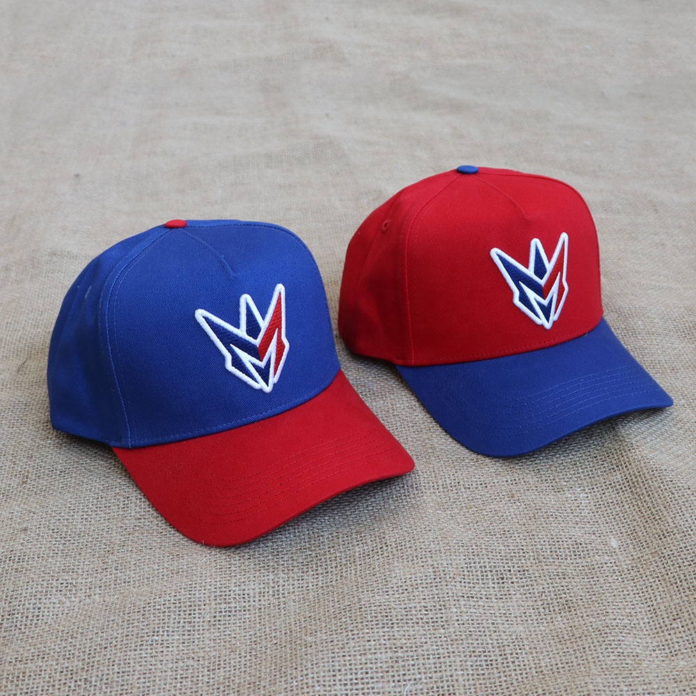 Two-Tone Red and Blue 5-Panel Baseball Cap with Embroidered Front Logo