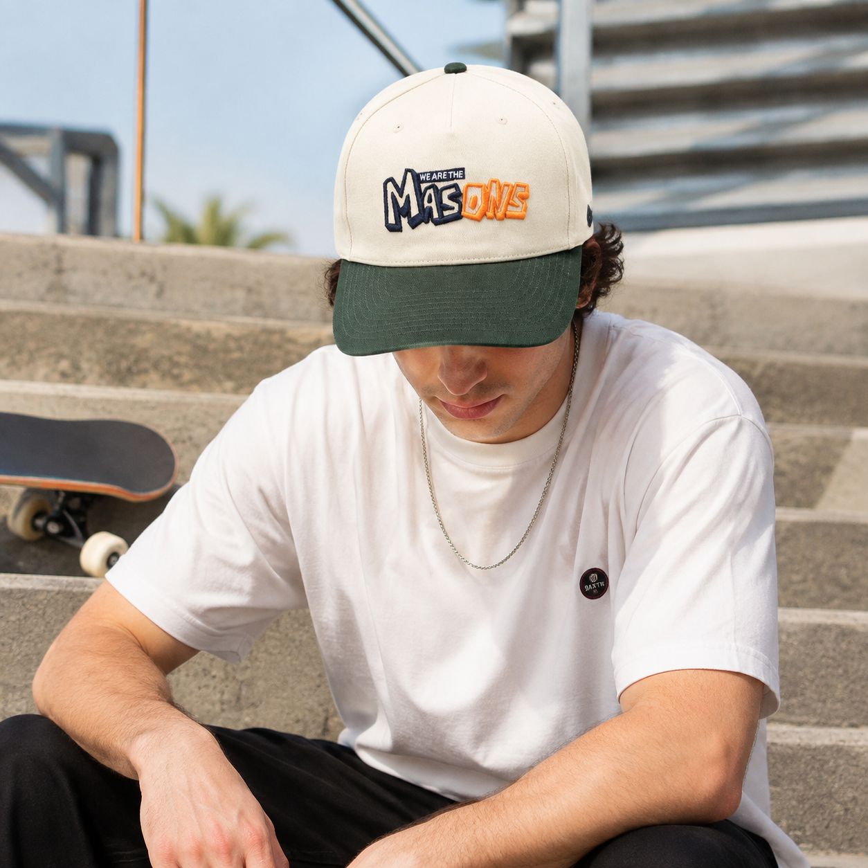 Cream and Forest Green 5-Panel Baseball Cap with Raised Monsters Embroidery