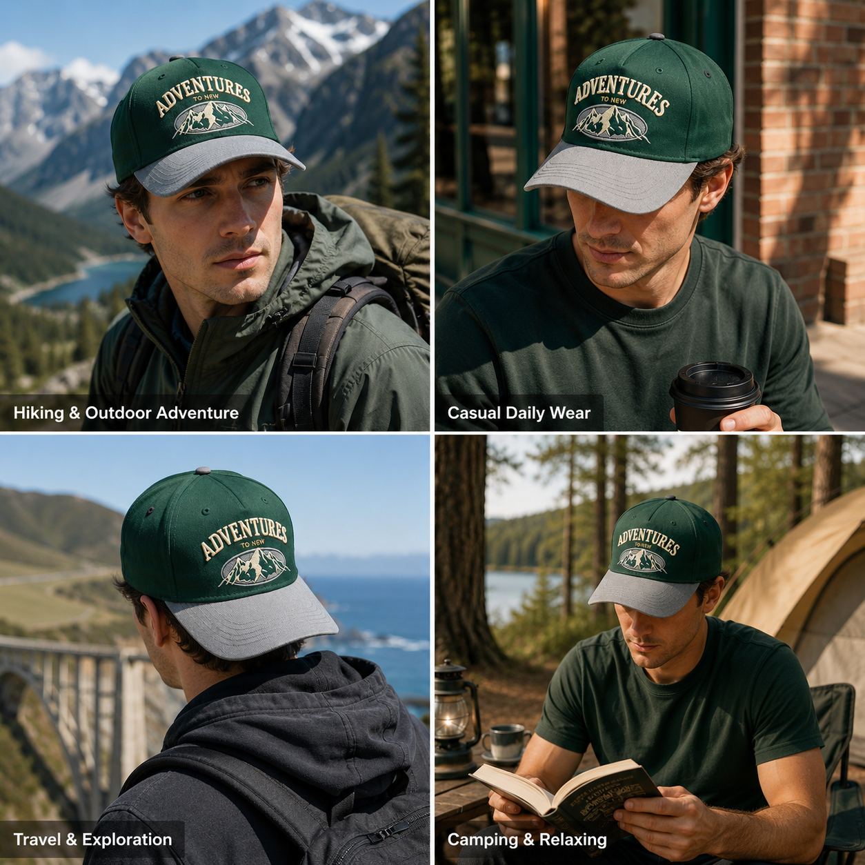 Adventures to New Mountain 3D Embroidered Green and Gray Baseball Cap